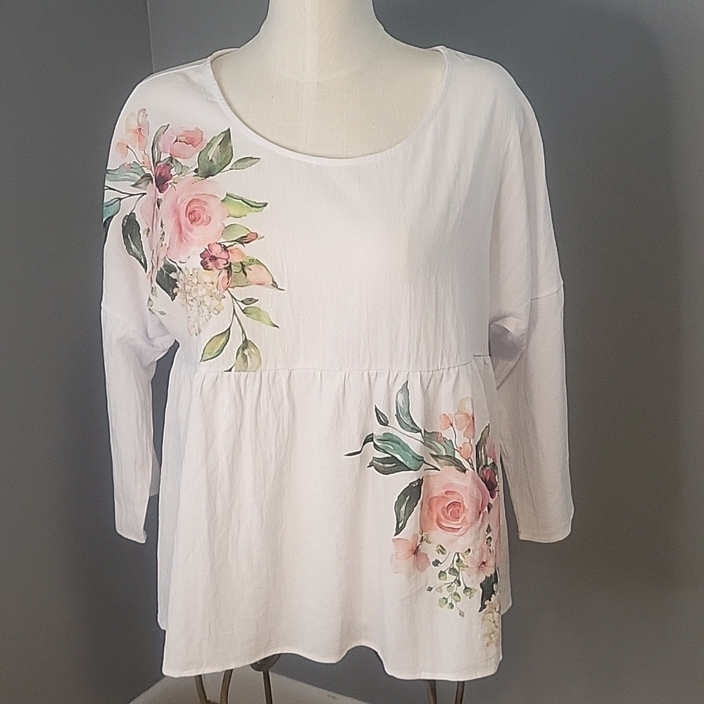 No Label White Floral Lightweight 3/4 Sleeve Scoop Neck Babydoll Top Size XL